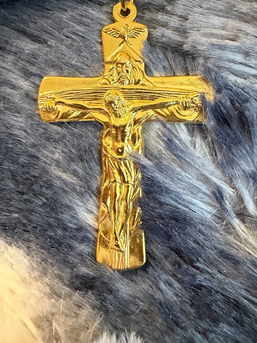 Gold Toned Base Father Son Holy Spirit Dove Trinity Cross Crucifix, 2 Inch